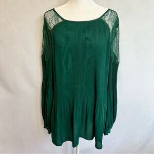 Adrianna Papell Pleated Lace Emerald Green Blouse Bow Tie Womens Size Large